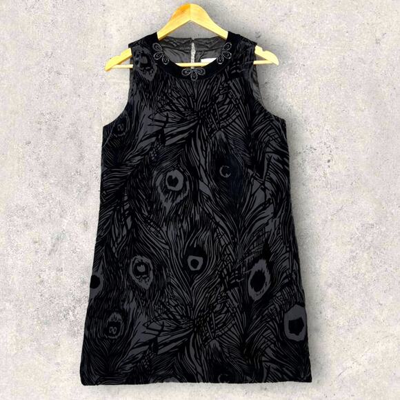 ECI New York Black Velvet Burnout Shift Dress Peacock Design Embellished Neck 8 - Picture 1 of 13